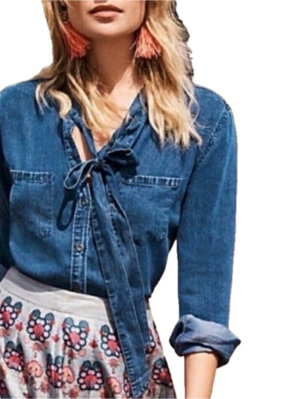 RAILS Rosalee Tencel Tie Neck Shirt Medium Dark Wash Chambray Blouse